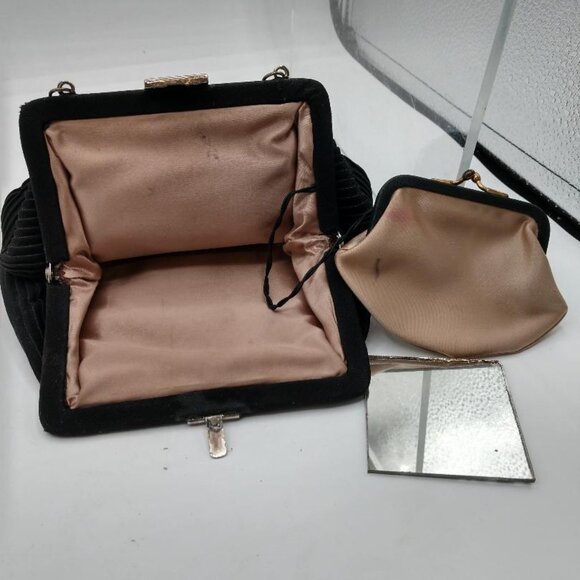 Vintage J.R. evening purse black satin w/cute attached change purse with mirror - Picture 7 of 8
